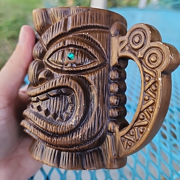 Vtg Hawaiian Tiki Mugs Set Of 5 Quon-Quon Japan Brown Ceramic Green Gem Eyes - Picture 8 of 12